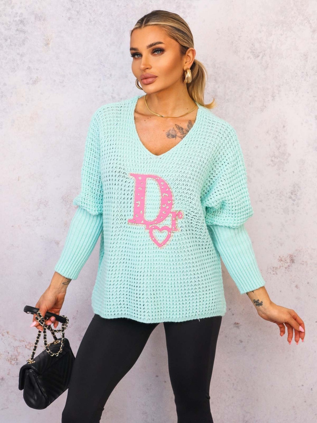 SWETER OVERSIZE O KROJU NIETOPERZA Z OZDOBNĄ APLIKACJĄ- ZIELONY