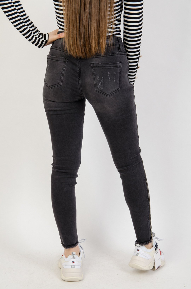 Szare spodnie jeansowe z lampasami suwakami