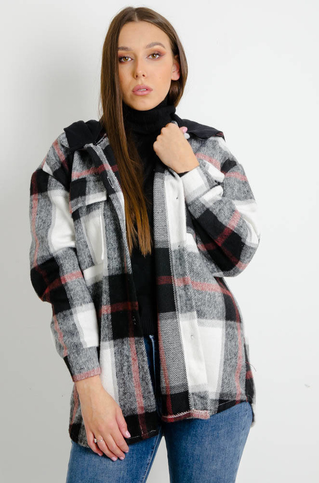 CZARNA KURTKA KOSZULA W KRATĘ Z KAPTUREM