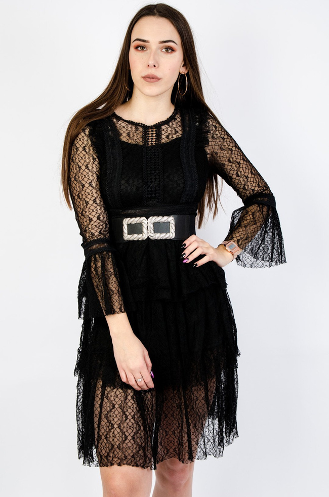 KORONKOWA SUKIENKA Z ROZSZERZANYMI RĘKAWAMI W KOLORZE CZARNYM 