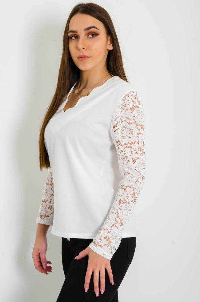 BIAŁA ELEGANCKA BLUZKA Z KORONKOWYMI RĘKAWAMI 