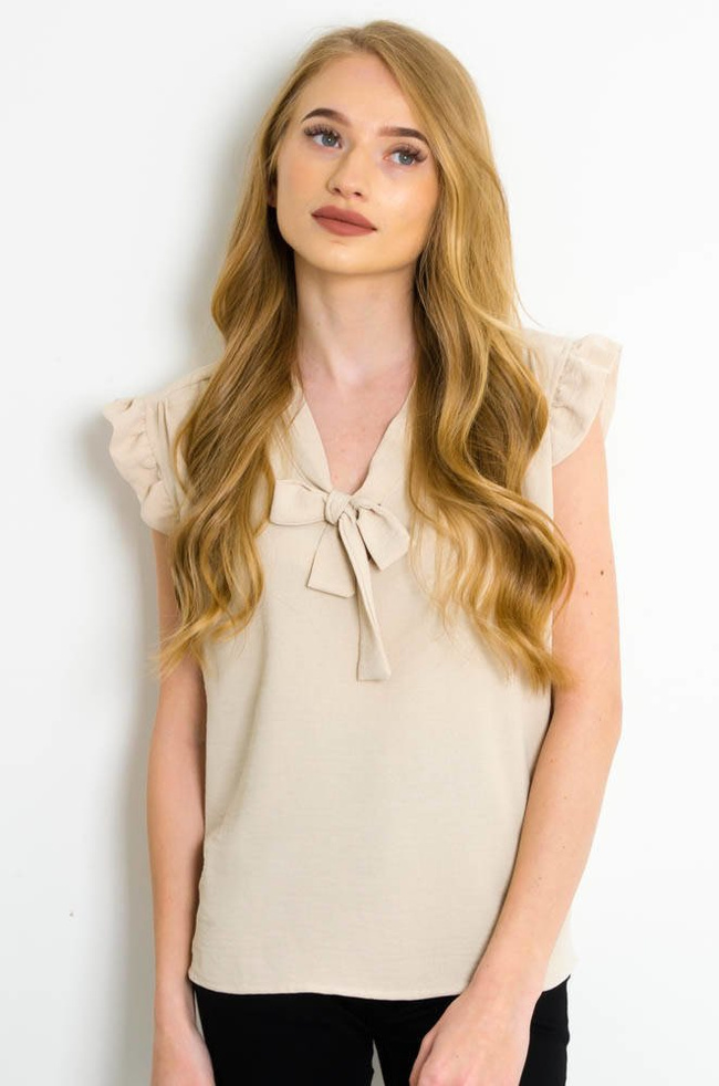 BEŻOWA ELEGANCKA BLUZKA KOSZULOWA Z WIĄZANIEM