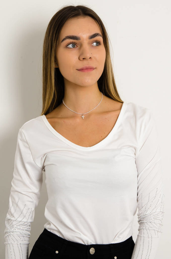 BLUZKA Z OZDOBNYMI CYRKONIAMI NA RĘKAWACH- BIAŁA