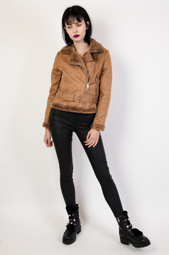 Brązowa zamszowa ramoneska z futerkiem