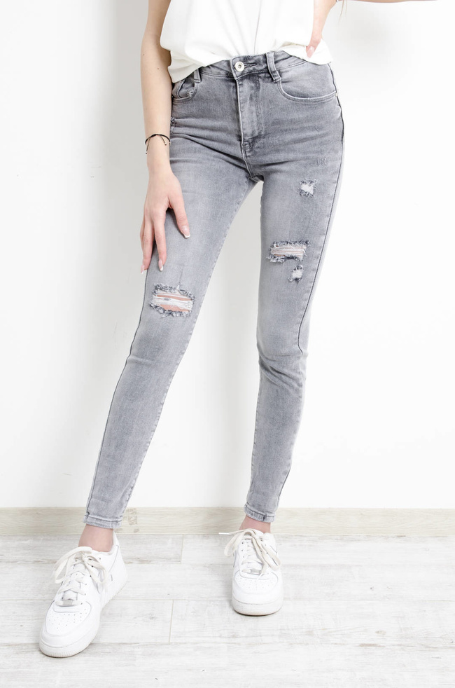 SPODNIE JEANSOWE SKINNY Z PRZETARCIAMI - WYSOKI STAN