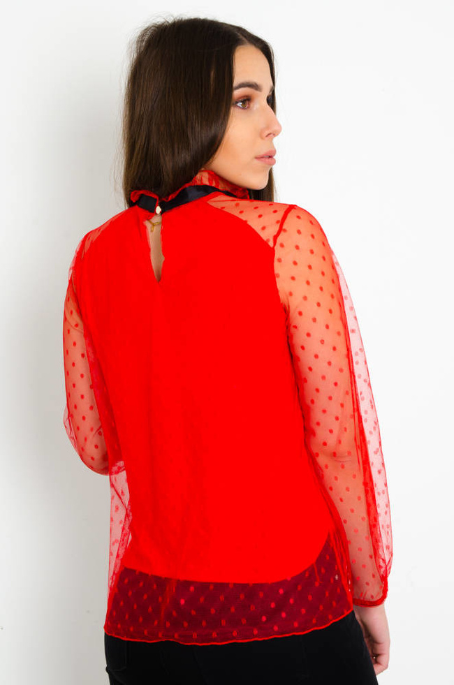 CZERWONA TIULOWA BLUZKA W KROPKI Z WIĄZANIEM