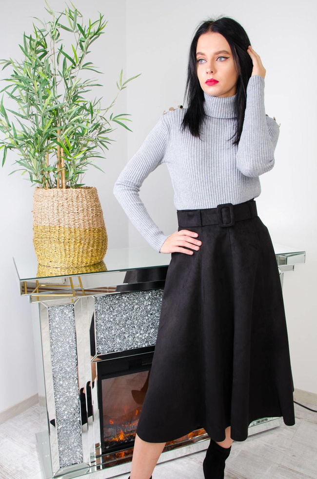 CZARNA ZAMSZOWA SPÓDNICA MIDI Z PASKIEM