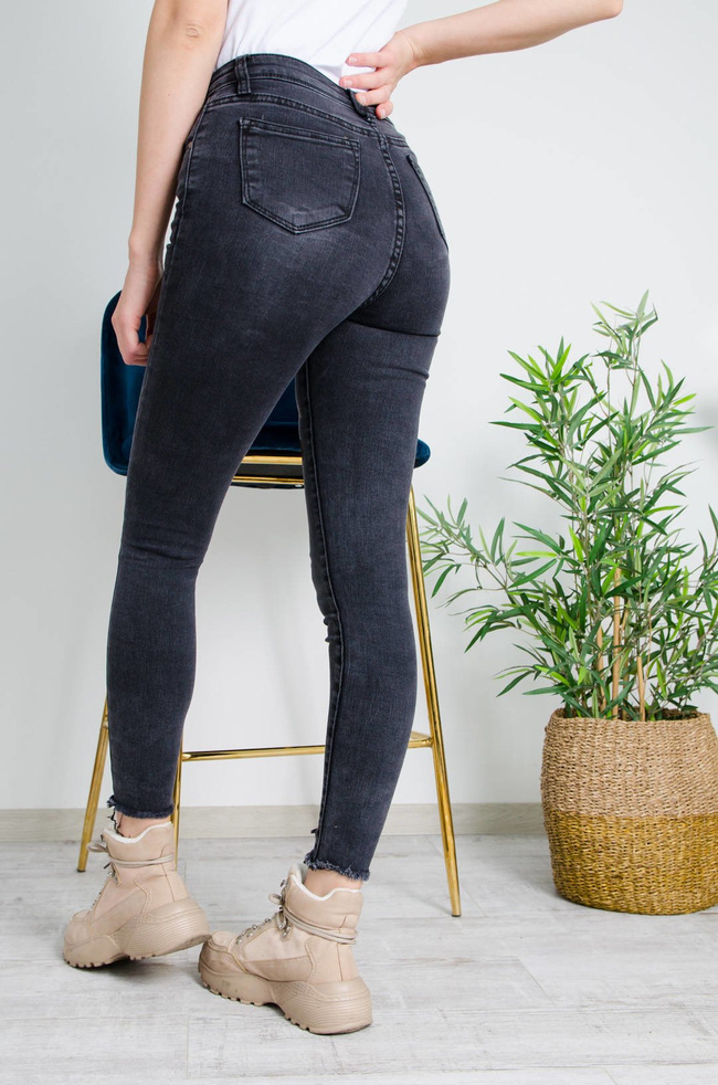 CIEMNO-SZARE SPODNIE JEANSOWE Z NASZYWKĄ MYSZKI - WYSOKI STAN 