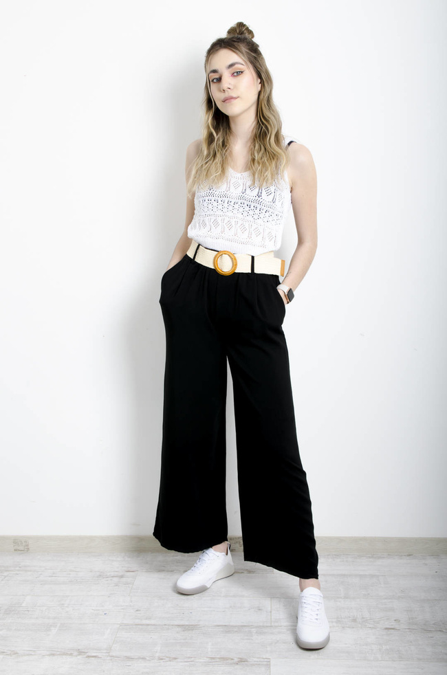 SPODNIE MATERIAŁOWE Z PLECIONYM PASKIEM- CZARNE