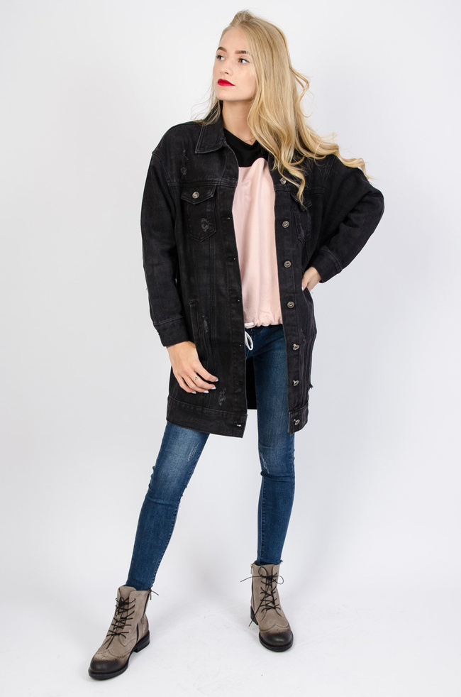 Długa czarna kurtka jeansowa z przetarciami