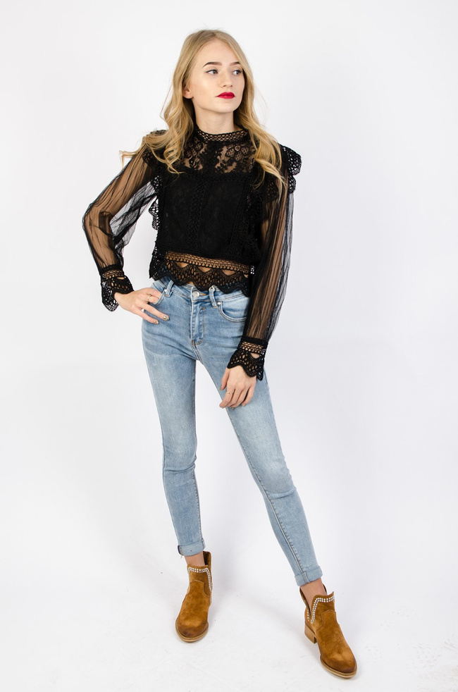 CZARNA KORONKOWA BLUZKA Z TIULOWYMI RĘKAWAMI
