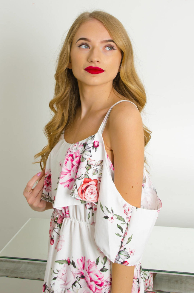 DŁUGA BIAŁA SUKIENKA W KWIATY NA CIENKICH RAMIĄCZKACH MAXI