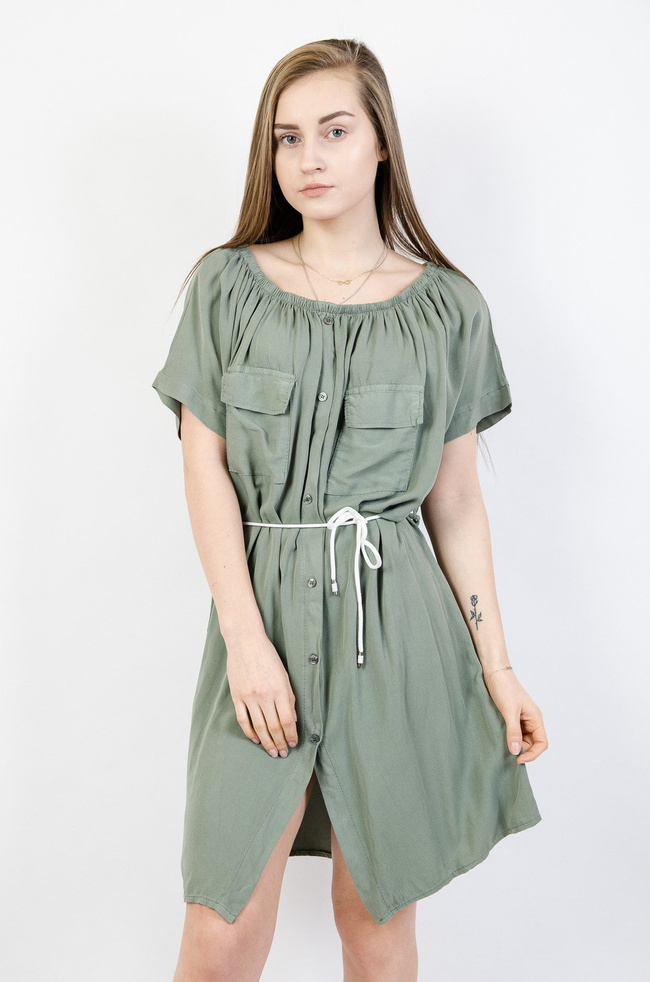 ZIELONA SUKIENKA HISZPANKA NA GUMCE WIĄZANA W PASIE