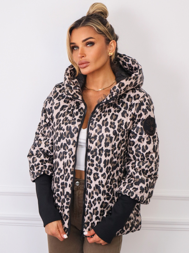 KURTKA PRZEJŚCIOWA PIKOWANA Z KAPTUREM W PANTERKĘ- BEŻOWA