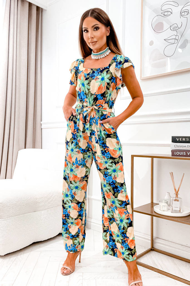 KOMBINEZON W KWIATY Z PASKIEM- GRANATOWY