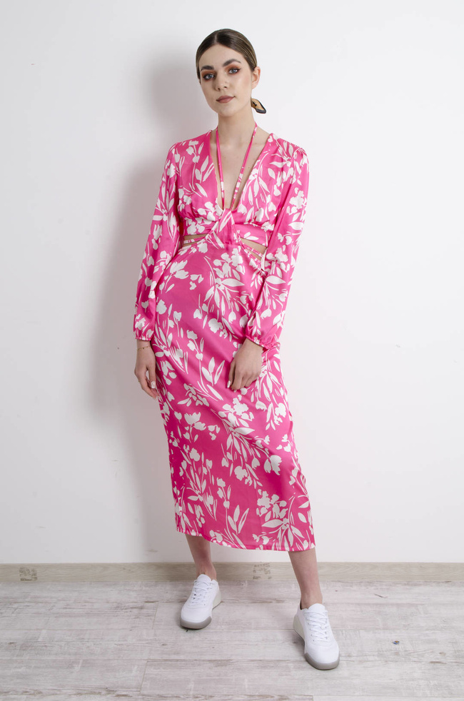 SUKIENKA RÓŻOWA W KWIATY Z WYCIĘCIEM