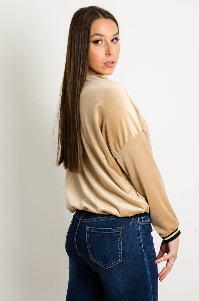 BEŻOWA WELUROWA BLUZKA Z DEKOLTEM W SZPIC LOVE