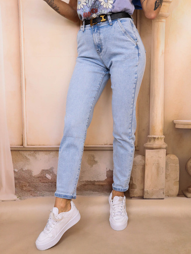 JASNE SPODNIE JEANSOWE MOM FIT+ PASEK