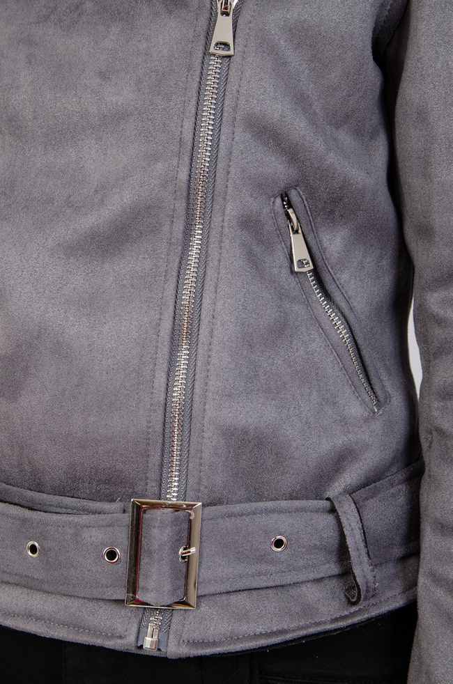 Szara zamszowa kurtka z paskiem na dole