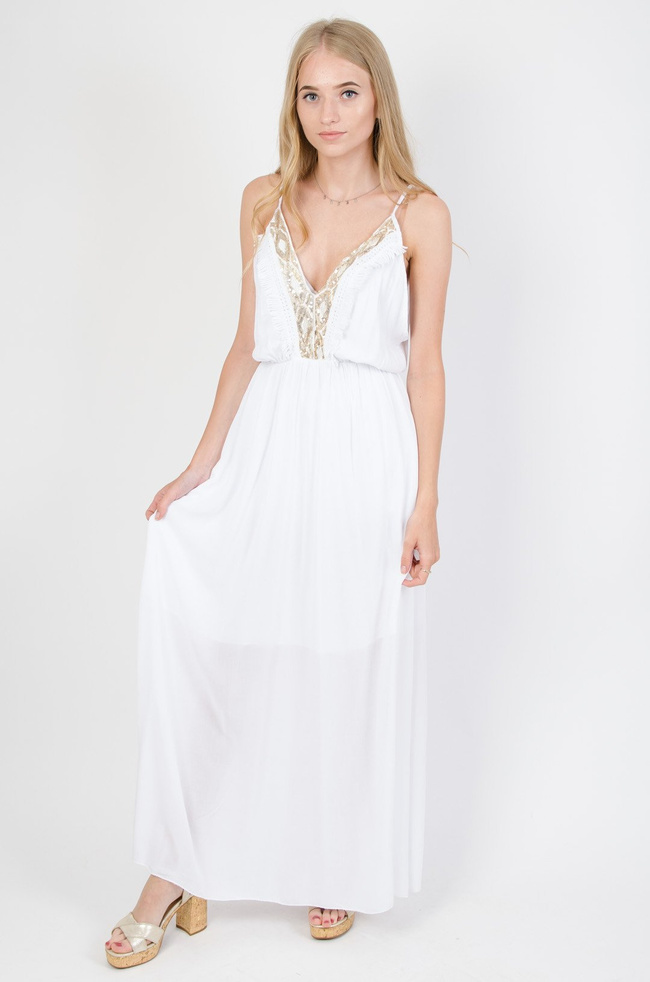 Biała długa sukienka obszyta cekinami