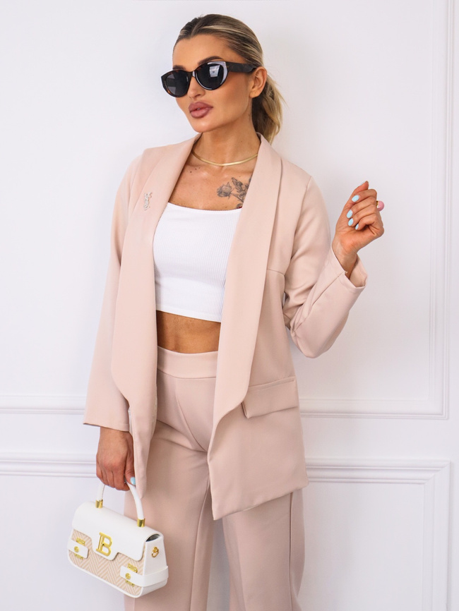 KOMPLET ELEGANCKI MARYNARKA+ SPODNIE- BROSZKA GRATIS- BEŻOWY