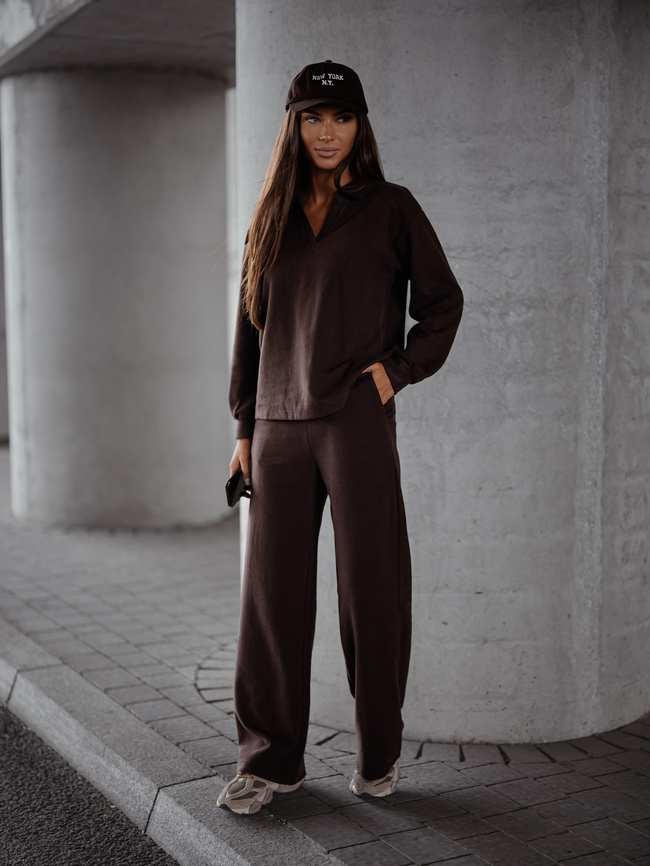 KOMPLET DZIANINOWY SWETERKOWA BLUZA+ SPODNIE- CZEKOLADOWY