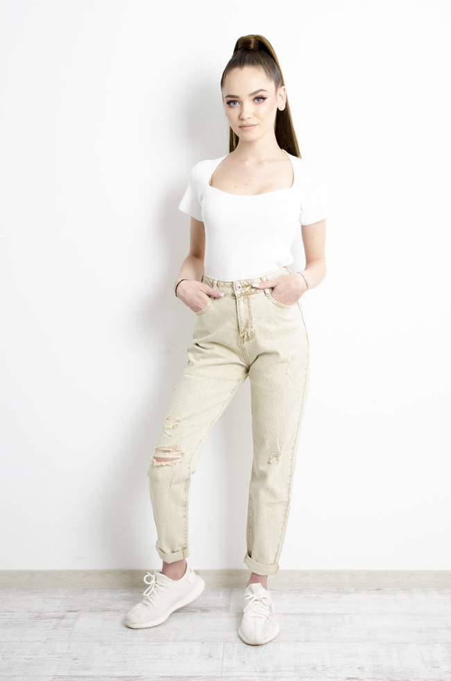 SPODNIE JEANSOWE MOM FIT Z DZIURAMI- BEŻOWE