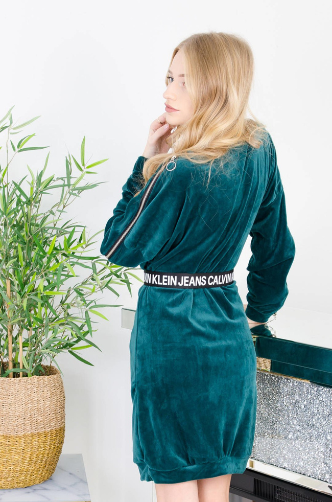 ZIELONA WELUROWA BLUZA SUKIENKA Z ZAMKIEM 