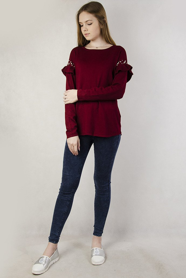 Bordowy sweterek z falbanką przy rękawie
