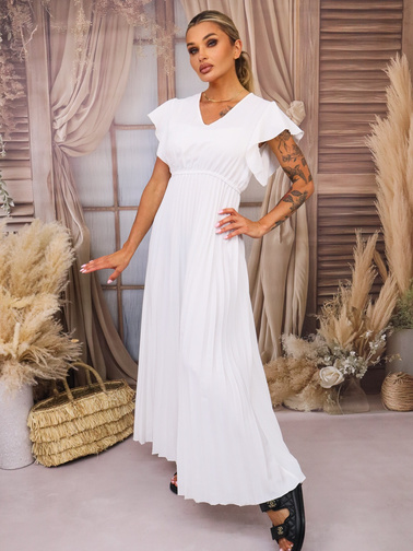 SUKIENKA MAXI PLISOWANA Z FALBANAMI PRZY RĘKAWACH- BIAŁA