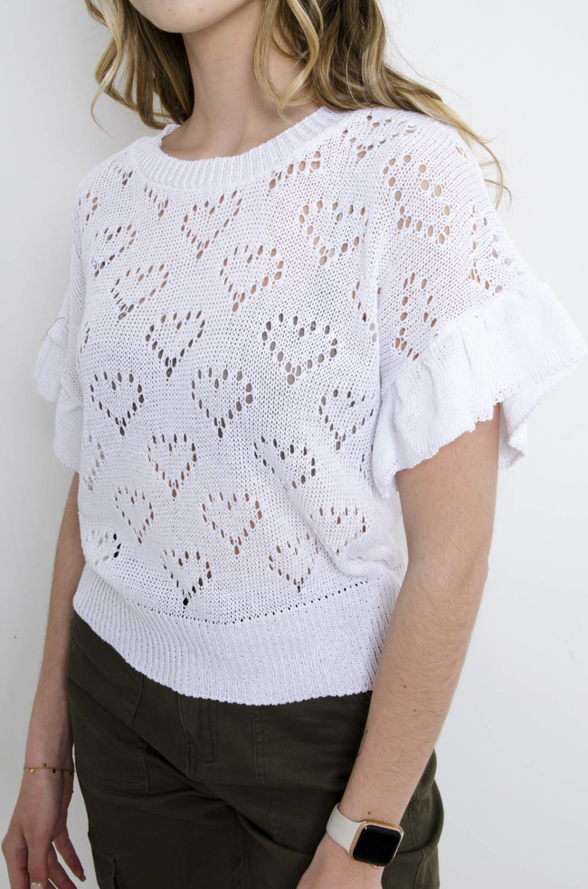 SWETEREK W SERDUSZKA AŻUROWY Z FALBANAMI PRZY RĘKAWACH- BIAŁY