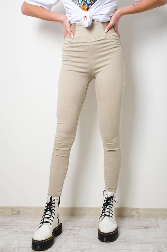 SPODNIE JEGGINSY Z GUMĄ W PASIE - WYSOKI STAN- POLECANE DLA WYSOKICH OSÓB- BEŻOWE 