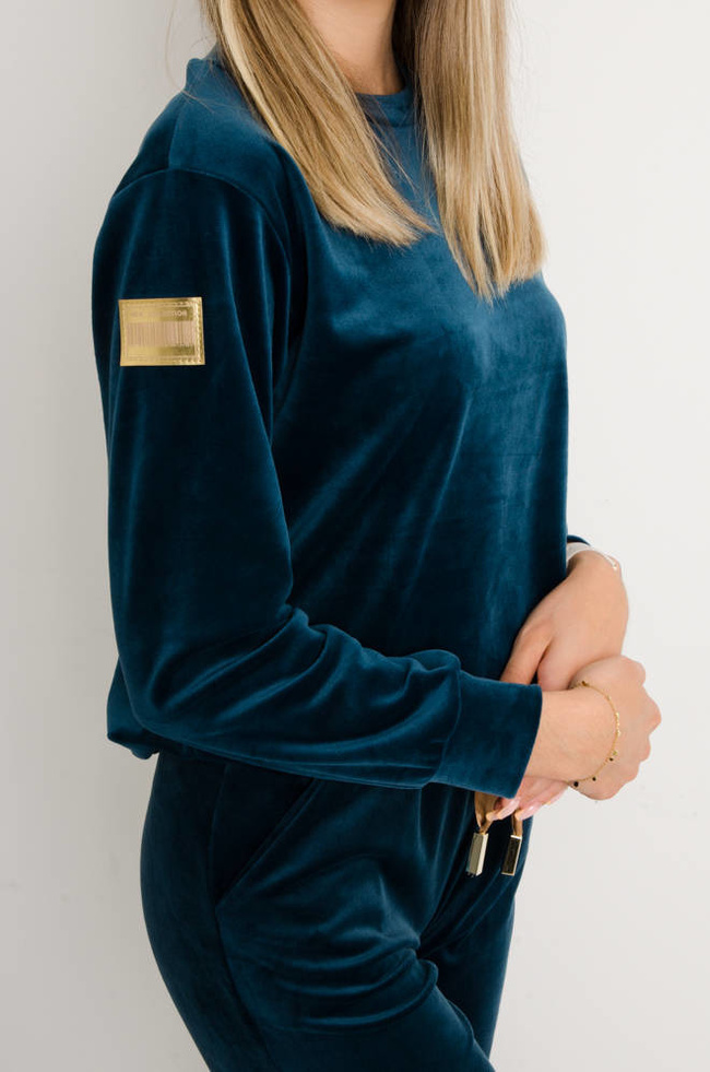 KOMPLET DRESOWY WELUROWY Z OZDOBNĄ NASZYWKĄ- CIEMNY TURKUS