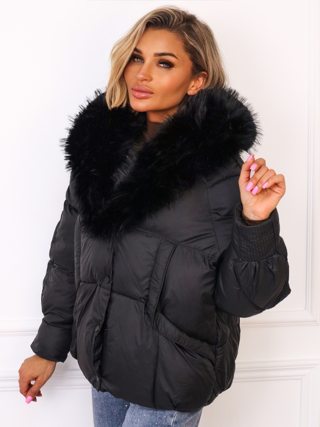 KURTKA Z FUTERKIEM ZAPINANA NA ZAMEK I ZATRZASKI- CZARNA