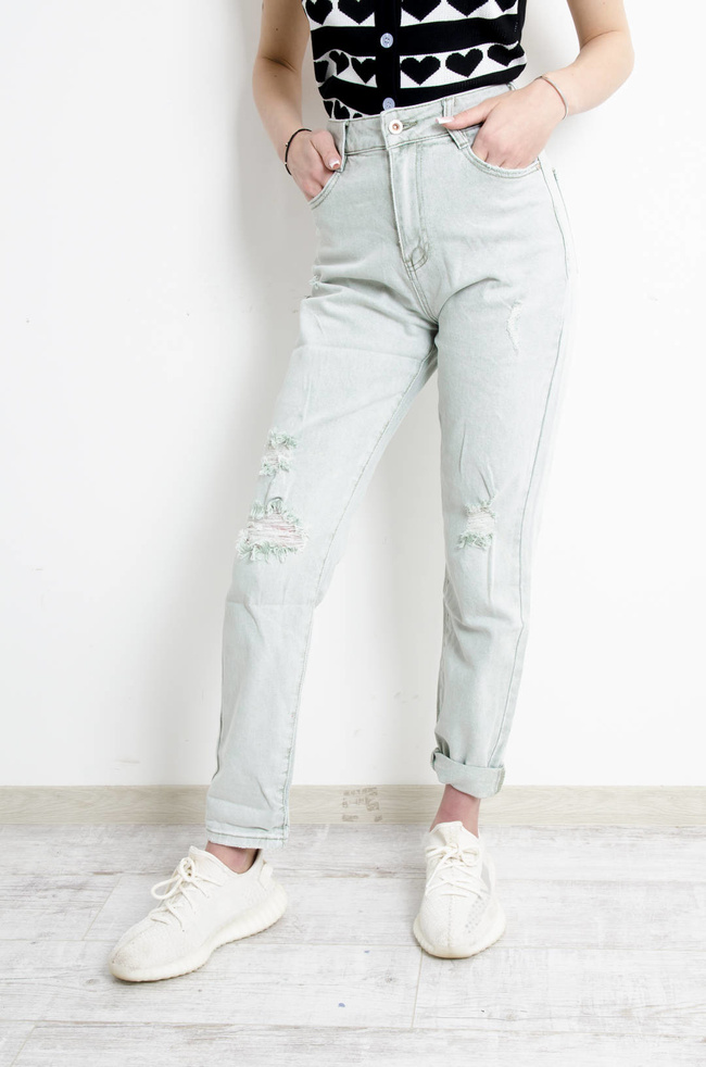 SPODNIE JEANSOWE MOM FIT Z DZIURAMI- ZIELONE