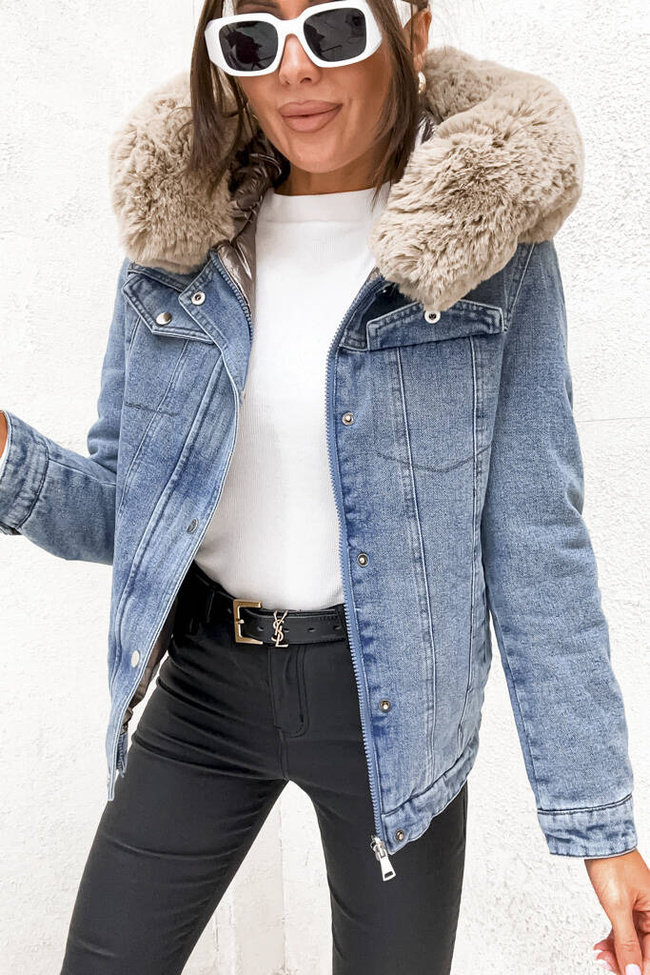 DWUSTRONNA ZŁOTO-JEANSOWA KURTKA Z FUTERKIEM