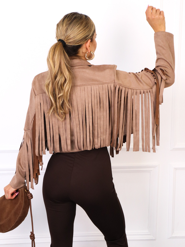 KURTKA Z IMITACJI ZAMSZU Z FRĘDZLAMI- JASNOBRĄZOWA