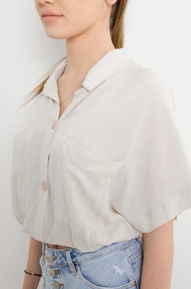 KOSZULA WIĄZANA Z KIESZENIAMI - BEŻOWA