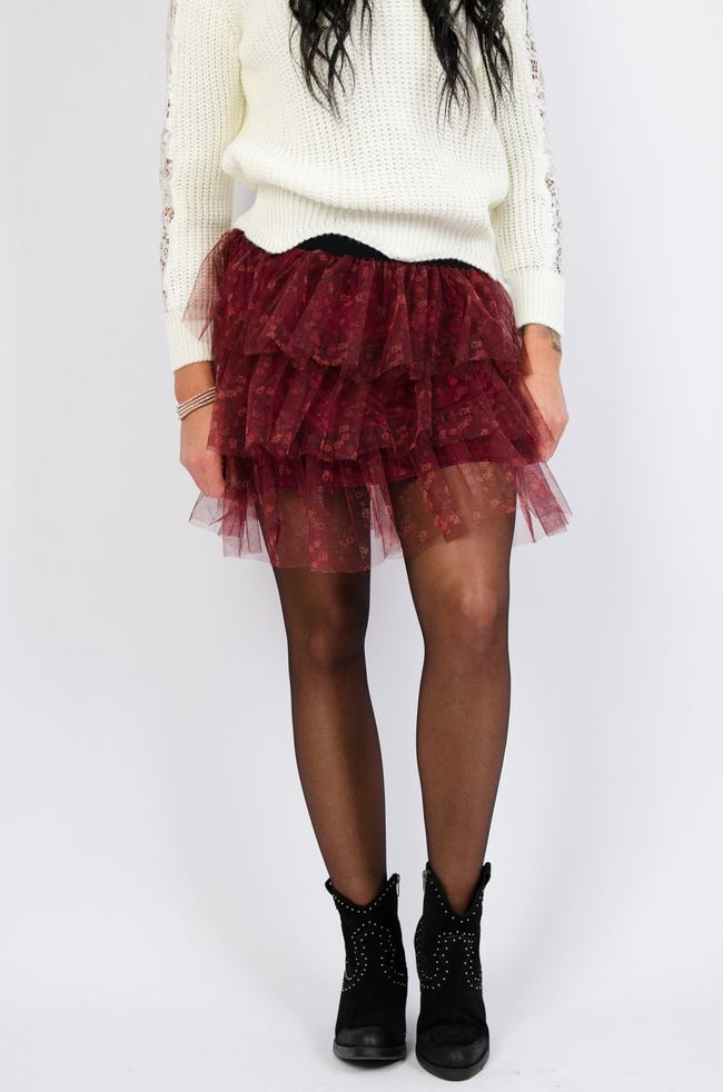 Bordowa tiulowa spódnica mini w drobne kwiatki
