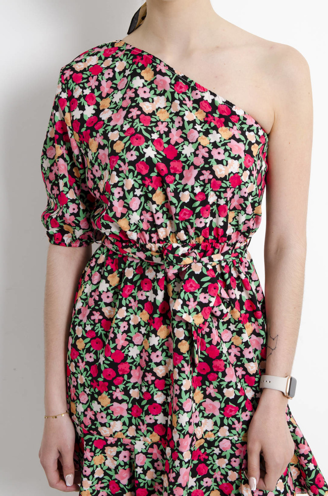 SUKIENKA W KWIATY NA JEDNO RAMIĘ - CZARNA