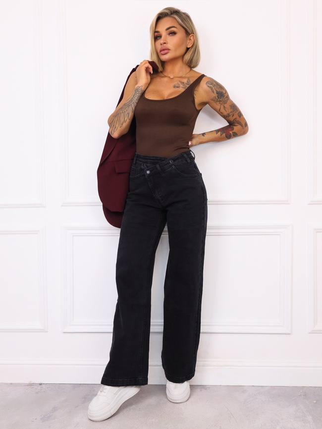 SPODNIE JEANSOWE Z ASYMETRYCZNYM ZAPIĘCIEM I SZEROKIMI NOGAWKAMI- CZARNE