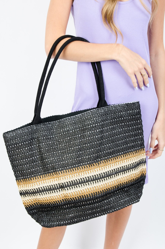 CZARNA SŁOMIANA TORBA PLAŻOWA 