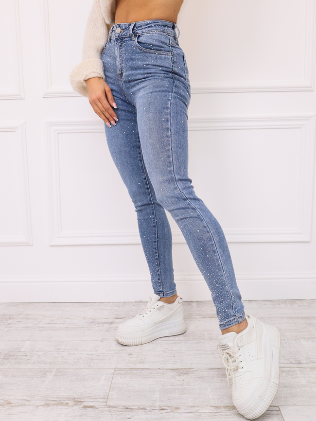 SPODNIE JEANSOWE SKINNY ZDOBIONE CYRKONIAMI- NIEBIESKIE