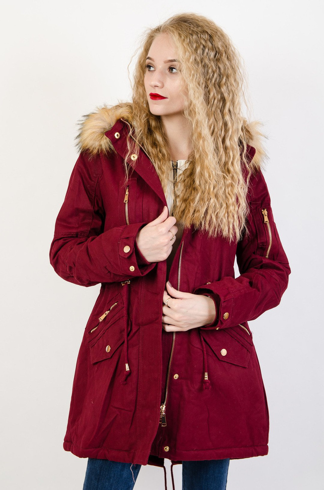 Bordowa asymetryczna kurtka ze złotymi zamkami