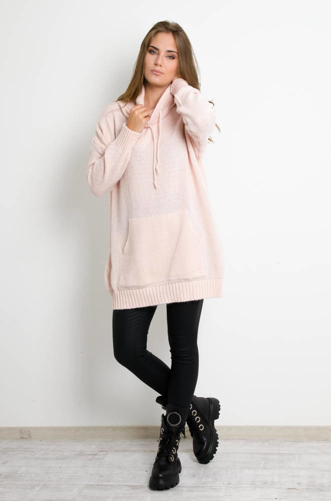 DŁUGI RÓŻOWY SWETER Z KIESZENAMI 