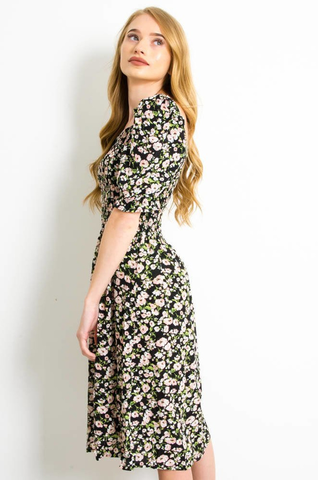 CZARNA SUKIENKA Z BUFKAMI W RÓŻOWE KWIATY