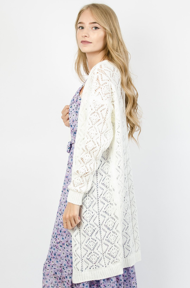 DŁUGI BIAŁY AŻUROWY SWETER ZAPINANY NA GUZIKI