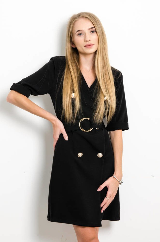 ELEGANCKA GARNITUROWA SUKIENKA Z OZDOBNYMI GUZIAKMI SZMIZJERKA -CZARNA
