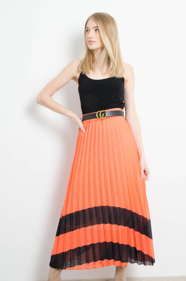 SPÓDNICA PLISOWANA Z PASKIEM - POMARAŃCZOWA