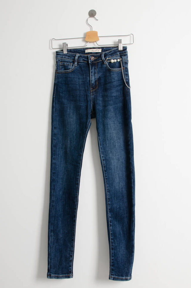 CIEMNE SPODNIE JEANSOWE Z PRZYPINKĄ-WYSOKI STAN